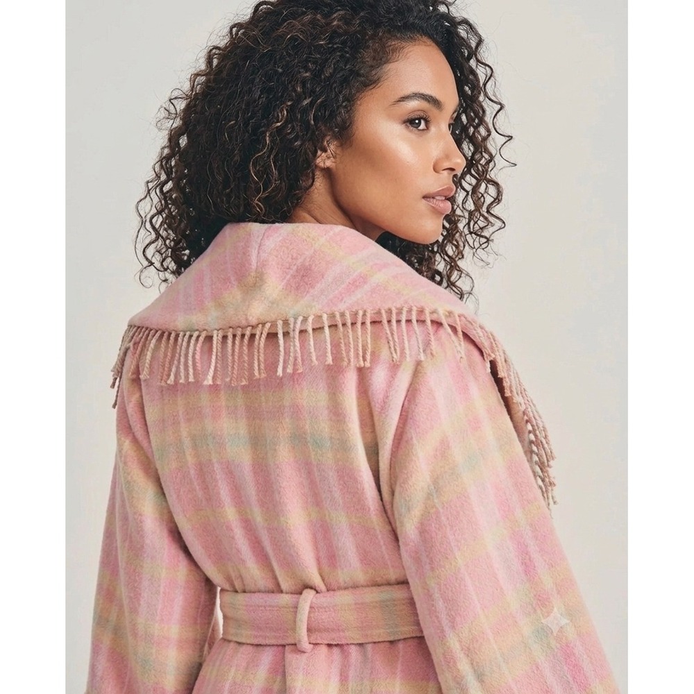 LoveShackFancy Harrison Wrap Jacket Oakwood Pink Plaid Fringe Wool Coat XS/S - Picture 2 of 10
